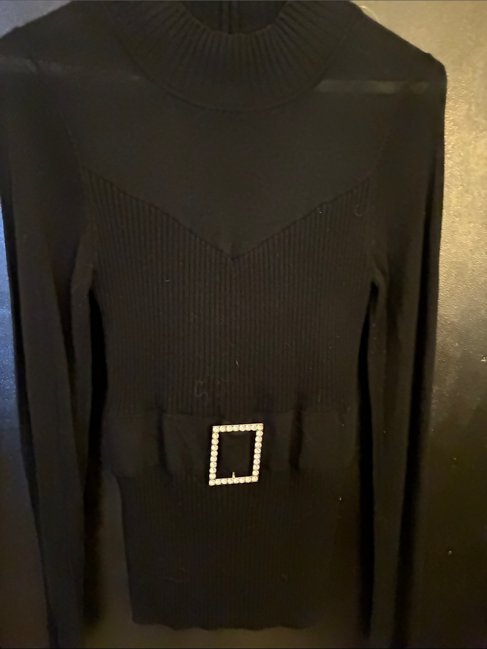 Y2K Belldini Black Ribbed Sweater with bling buckle and sheer insert + sleeves